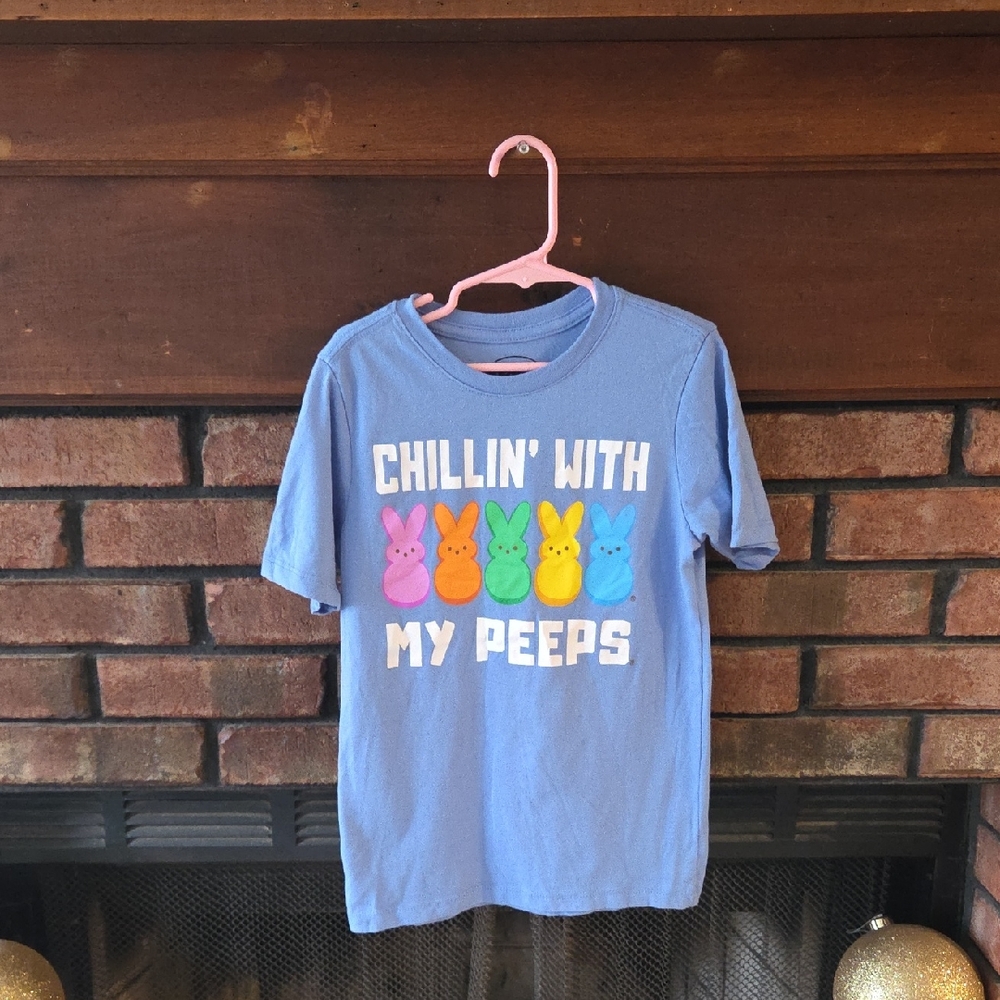 Blue Kids Shirt with Colorful Peep Bunny Print